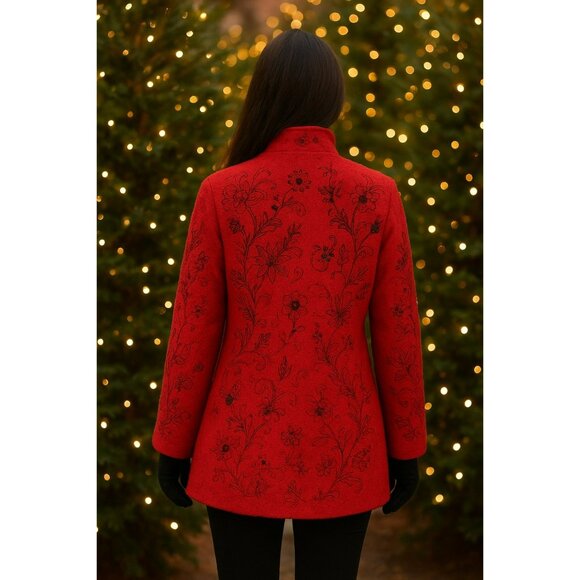 Carole Little Red Wool Floral Embroidered Coat Womens Large Jacket - Picture 2 of 8